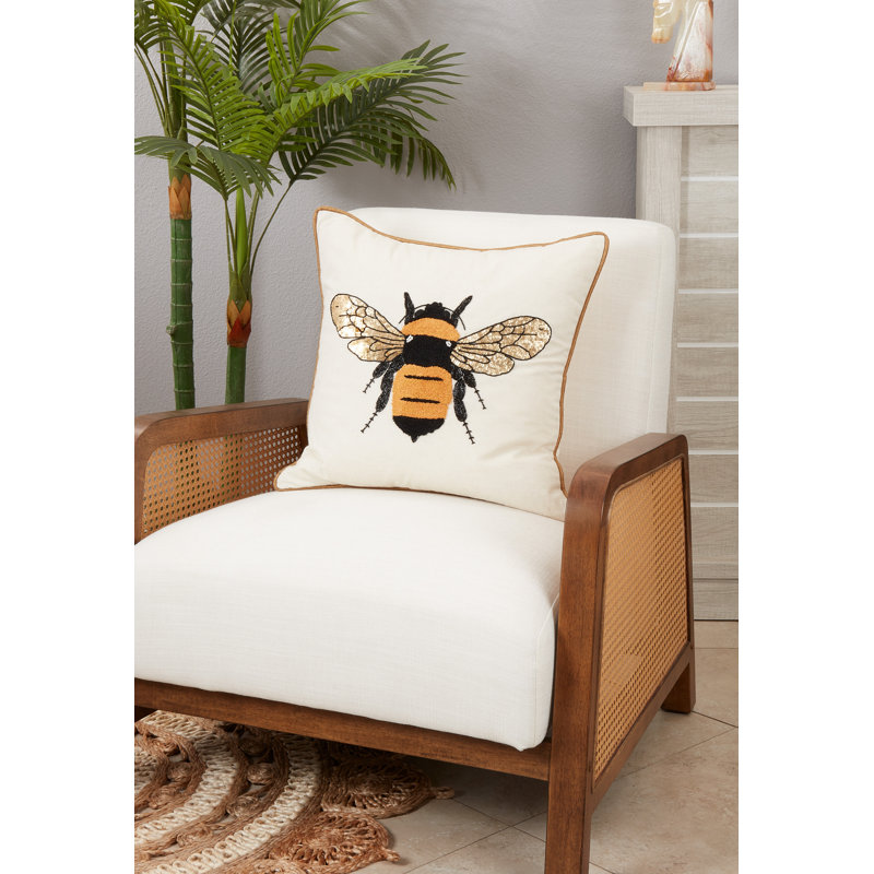 Beige Cotton Embroidered Bumble Bee Euro Throw Pillow