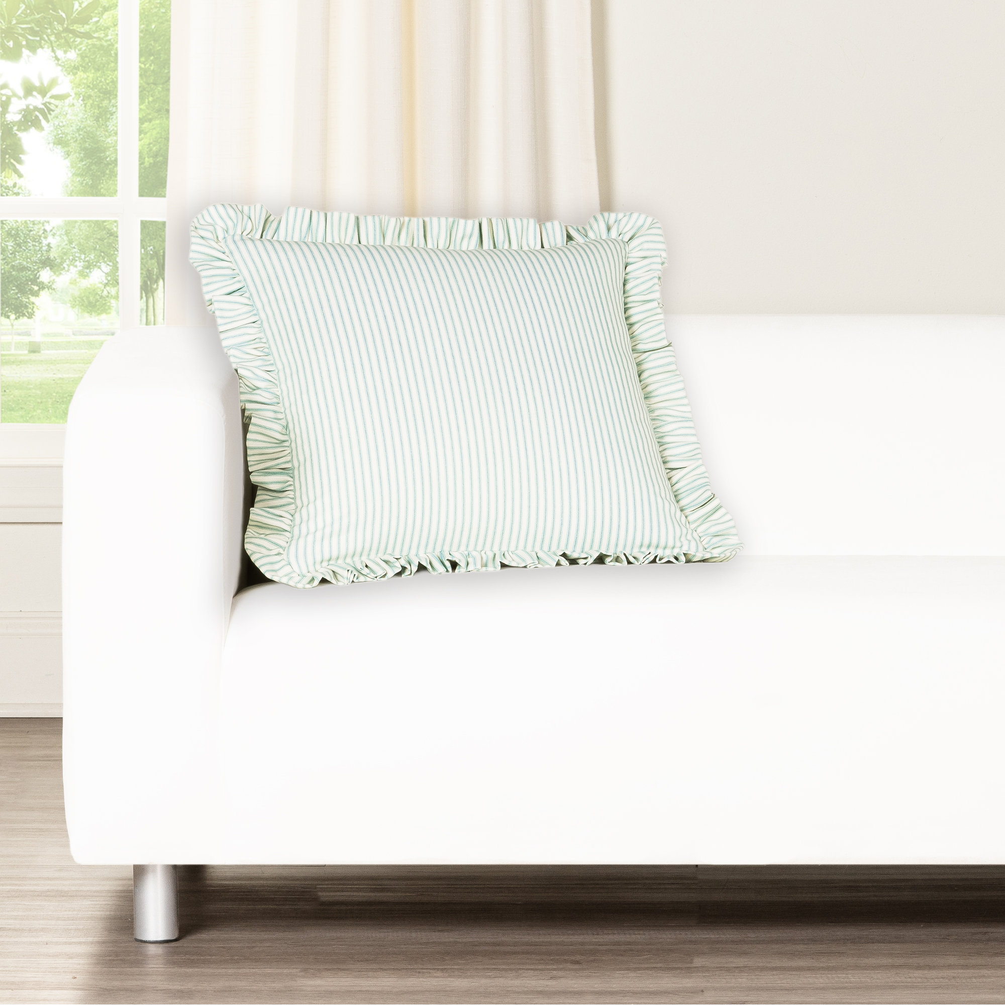 Birch Lane Ticking Stripe Ruffled Accent Pillow, Polyester, Green