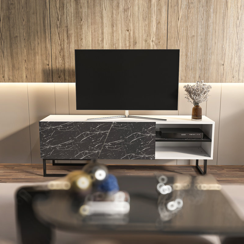 Hagert TV Stand for TVs up to 55", White/Black Marble/Black