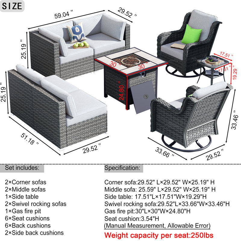 6 - Person Patio Conversation Set with Cushions, Grey