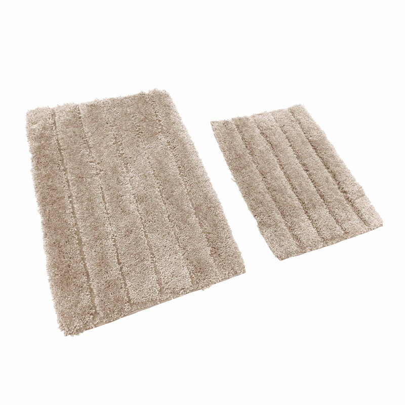 2 Piece Bath Mat Set - Ivory Solid Striped Bathroom Mat Soft Plush Thick, Beige