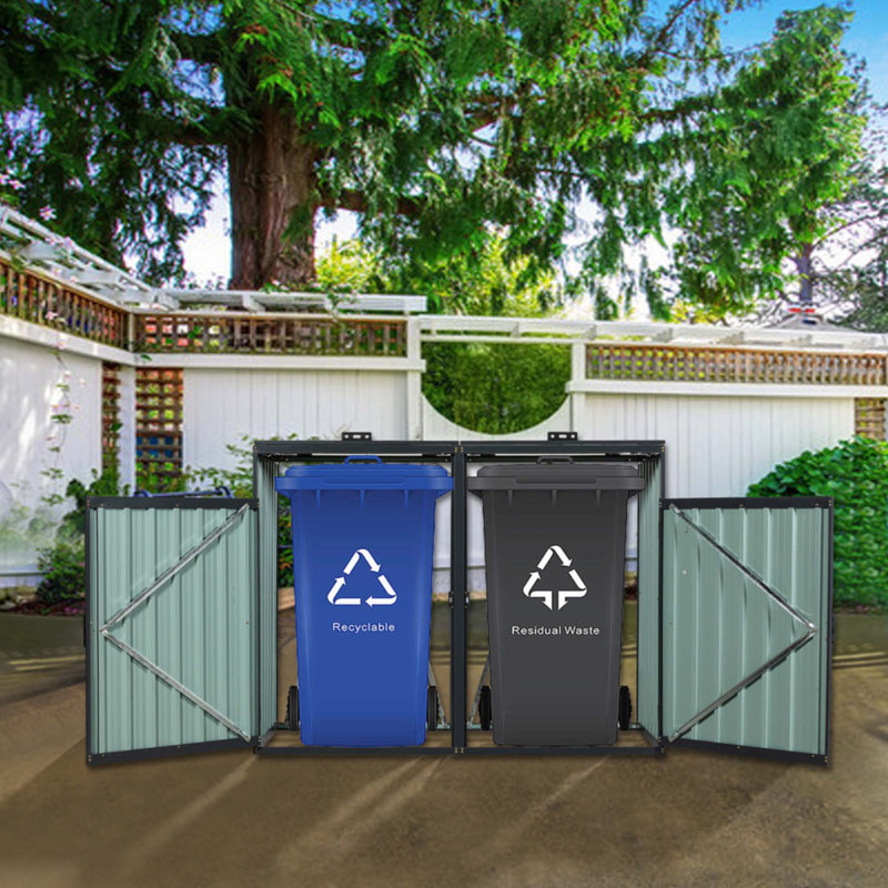 Garbage Bin Shed Stores 2 Trash Cans Metal Outdoor Bin Shed For Garbage Storage, Black