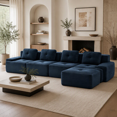 Canapé modulaire en forme de L de 153 po pour salon modulaire en tissu velours côtelé de 153 po avec siège profond et repose-pieds mobile, passepoil perlé, conception capitonnée, sans assemblage, conception antidérapante, bleu