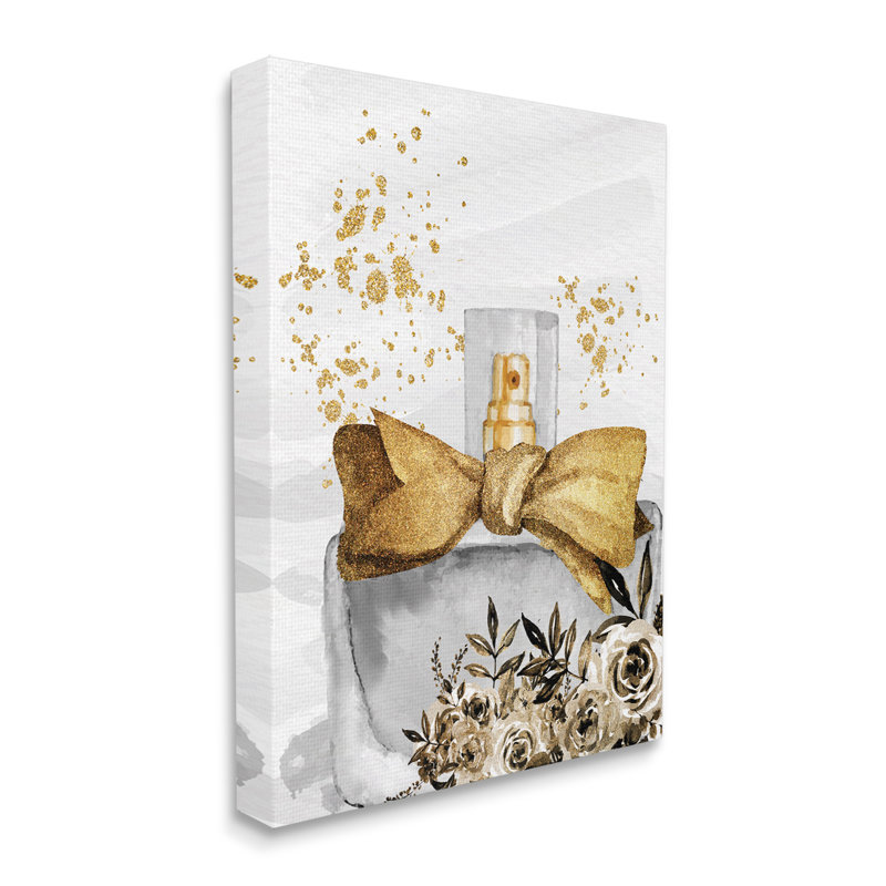 Glamorous Gold and Gray Floral Perfume Canvas Wall Art