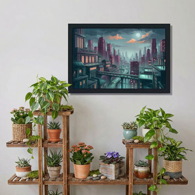 «Rainy Night City Skyline with Moon and Trains», art mural sur toile