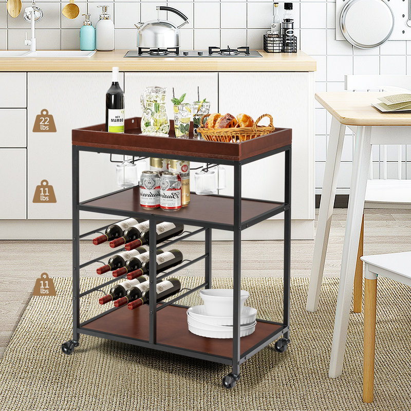 Ekkehard 3 Tiers Storage Serving Bar Cart with Wine Rack