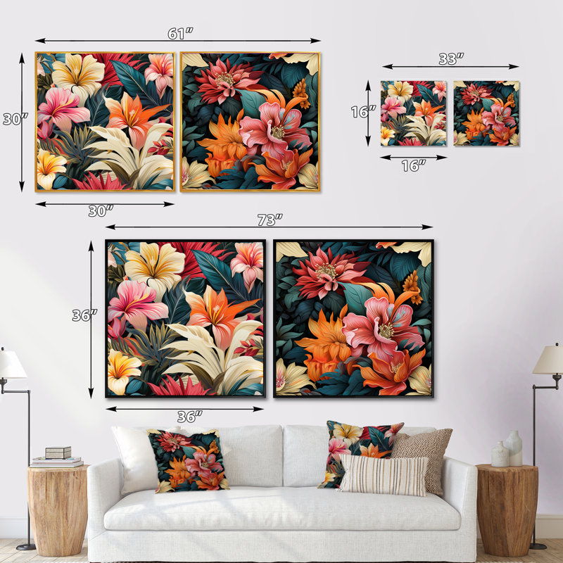 Christerfer - Ensemble de 2 collages carrés floraux, H 16 po x l 33 po, Cadre flottant blanc