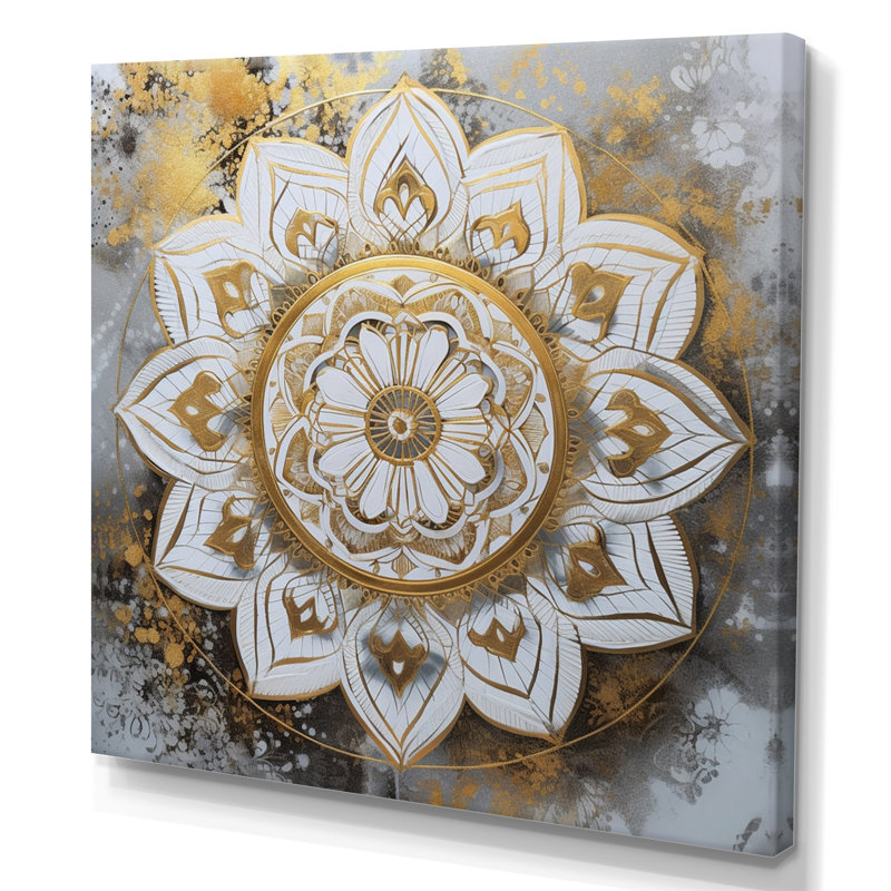 Mandala blanc et doré sur toile, H 16 po x l 16 po x P 1 po, Toile tendue