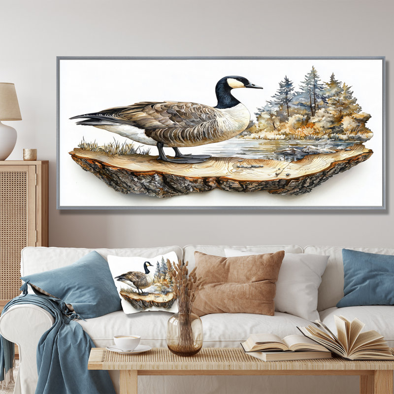 «Canadian Goose in Wooden Lake Landscape I - Goose», art mural, H 28 po x l 60 po, Cadre flottant, Argent argent