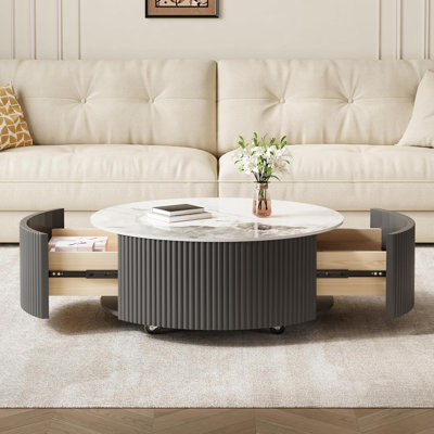 Modern Round Movable Coffee Table With Casters And 2 Drawers
