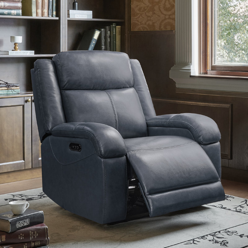 Zachery Genuine Leather Zero Wall Power Recliner with USB Port, Navy Genuine Leather