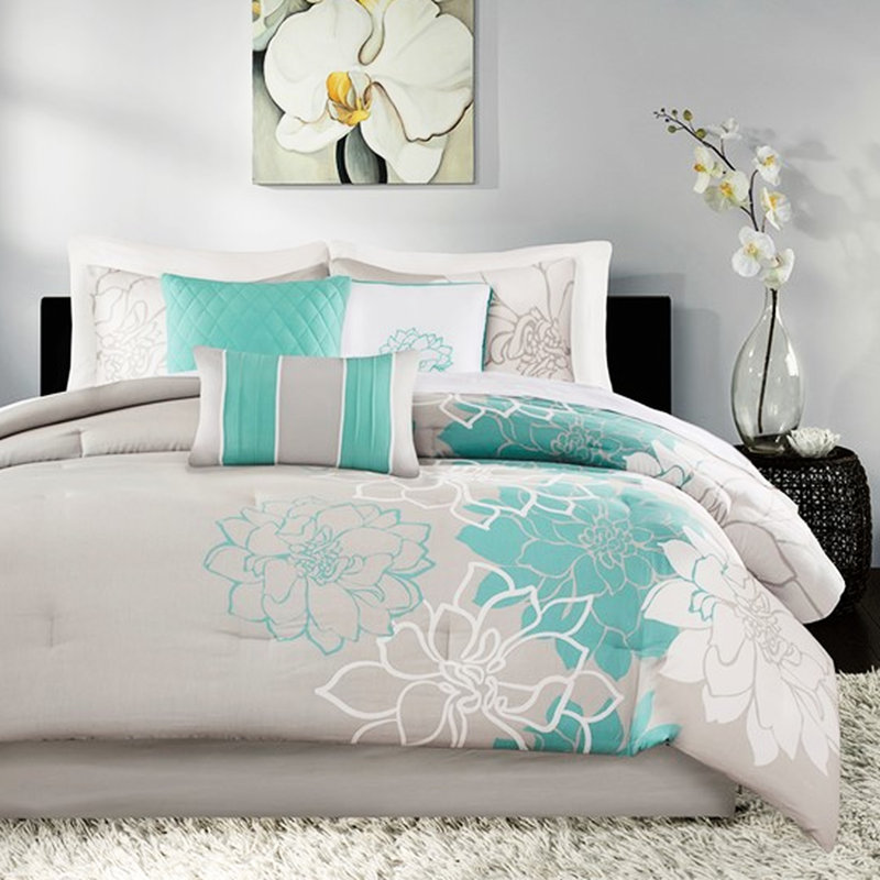 Édredon très grand en coton imprimé, chute de 15 pouces, 2 taies décoratives, jupe de lit par imprimé, rembourrage de 270 g / m2, 3 coussins décoratifs