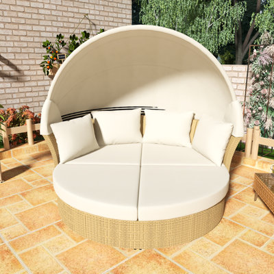 Outdoor Wicker Rattan Double Daybed With Retractable Canopy, 4 Pillows, Beige - Suitable For Lawn, Garden, Backyard, Porch And Pool