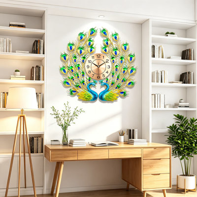 Luxury 3D Peacock Wall Clock With Silent Movement, Decorative Metal And Resin Design For Living Room, Bedroom, And Dining Room