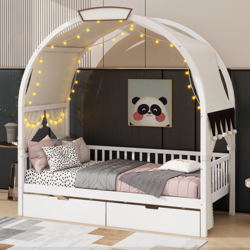 Twin-Size Bed With An Arched Roof And Two Built-In Drawers, White