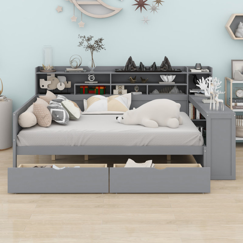 Wooden Daybed With Storage Shelves, Multi-Functional Bed With Two Storage Drawers And Study Desk, Gray