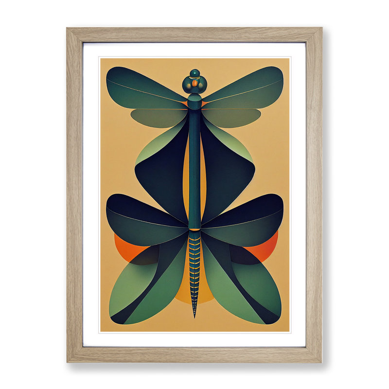 Dragonfly Retro Art - Framed Print, 64cm H x 46cm W x 2cm D, Oak