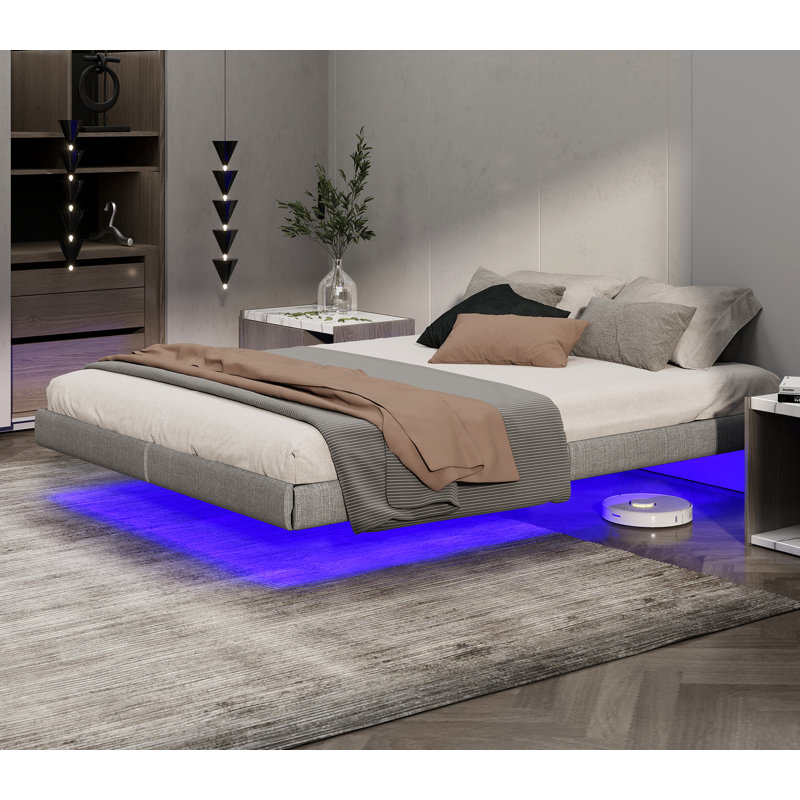 Floating Bed Frame with LED Lights, Metal Bed Frame, No Springs, Easy to Assemble, Queen