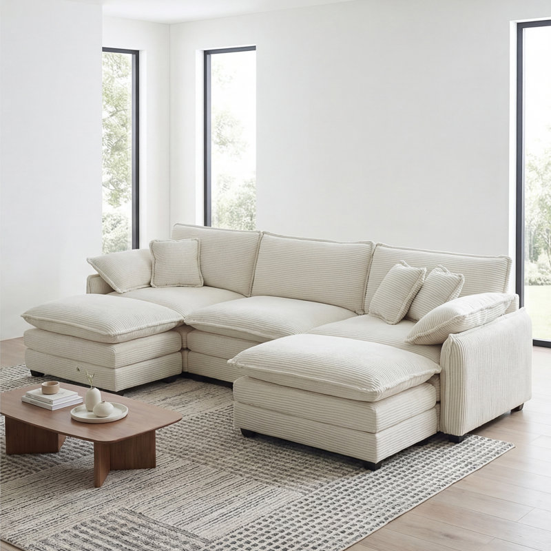 Oversized Modular Cushioned Sofa With Conversible Ottoman, 3-seater Sofa With 2 Footstools, White
