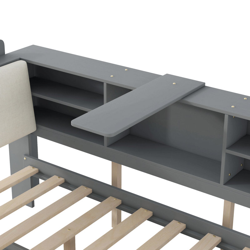 Lit plateforme en bois avec lit gigogne, tablettes et tête de lit, Gris
