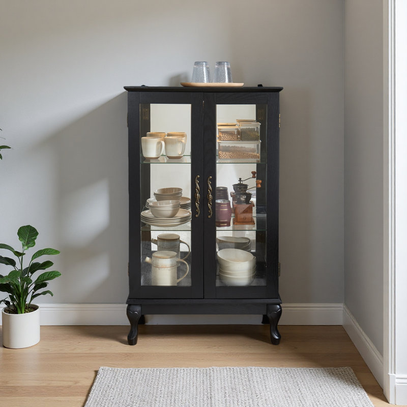 Vitrine avec portes en verre trempé, vitrine éclairée avec panneau arrière en miroir et tablettes réglables parfaites pour la maison ou le bureau (ampoule incluse)