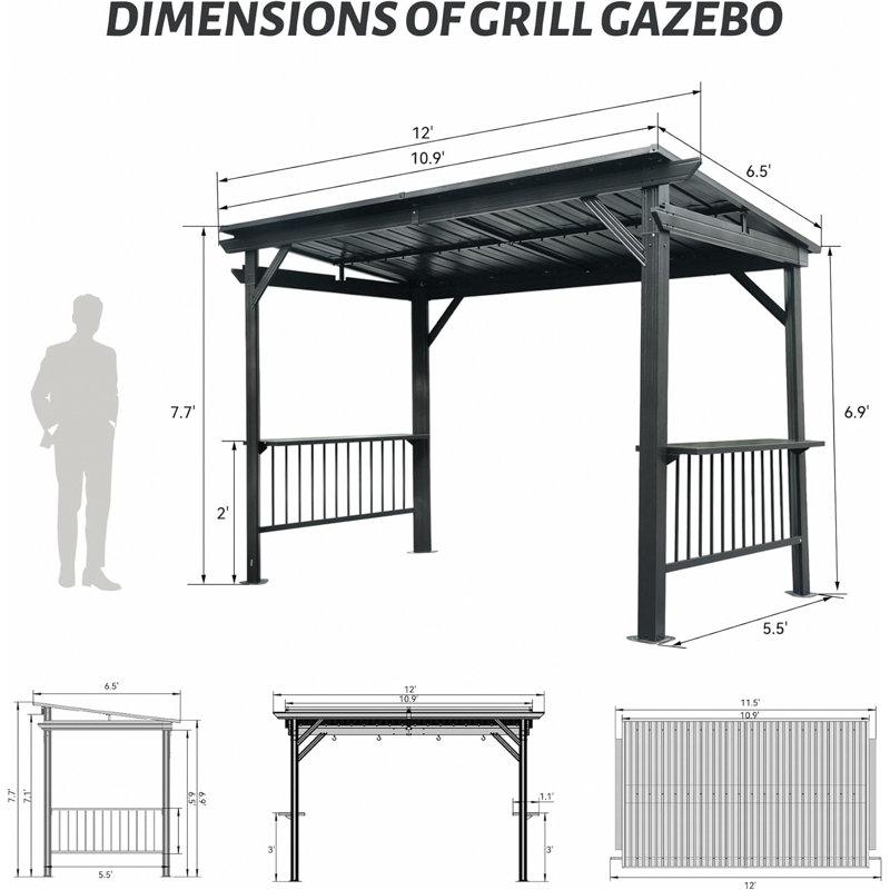 6.5X12ft Hardtop Grill Gazebo, Outdoor Bbq Gazebo With 2 Side Shelves And Sloping Galvanized Steel Roof, Metal Permanent Grill Canopy With Ceiling Hooks For Patio, Lawn, Backyard, Deck