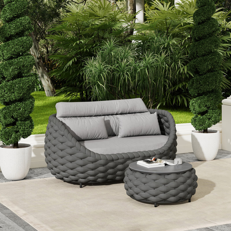 Ensemble de 2 pièces de canapé d'extérieur en aluminium thermolaqué tissé à la main avec table basse, Gris foncé, Gris clair