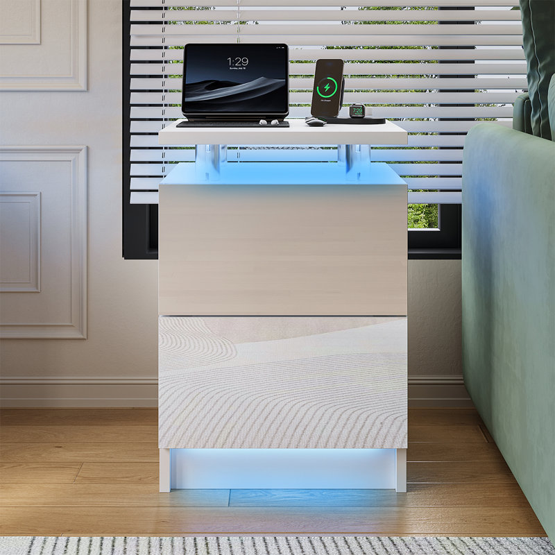 15''W Mordern End Table With Charging Station, Side Table With 2 Drawers, White
