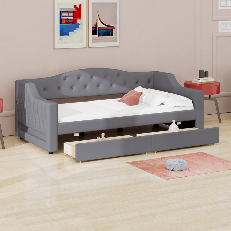 Upholstered Daybed With LED Belt And 2 Drawers, Gray