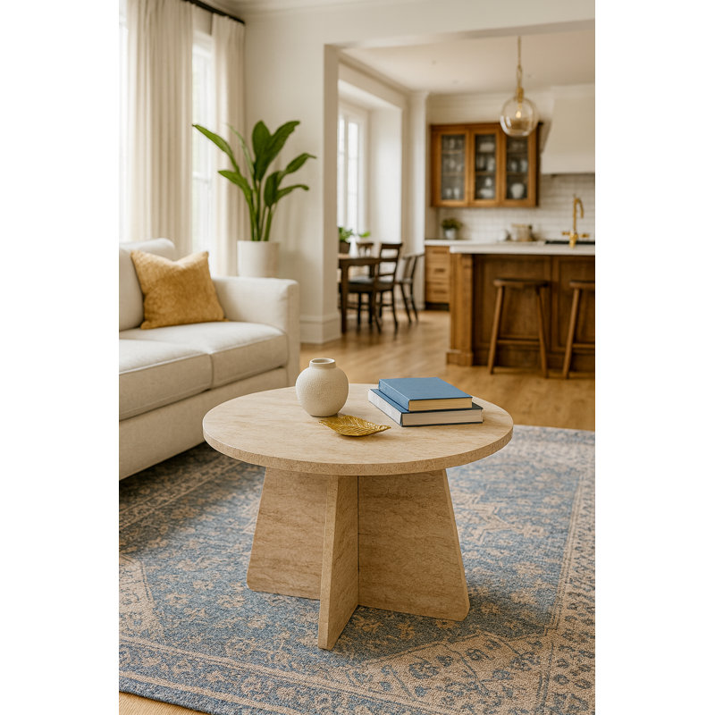 Travertine Look Round Coffee Table Small Modern End Table for Living Room, 16.5" H x 35.4" W x 35.4" D