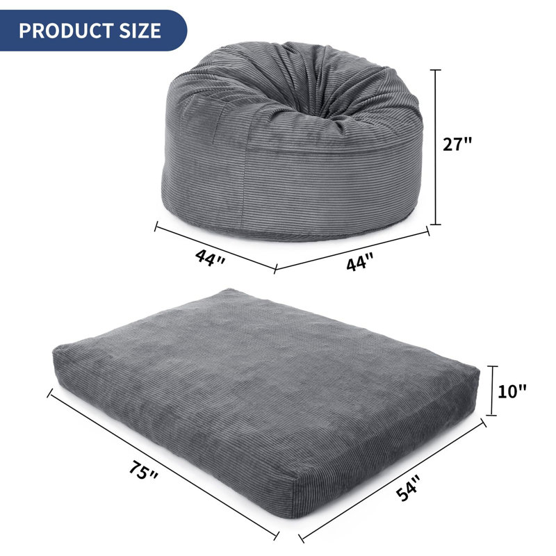 Fauteuil à billes, fauteuil à billes convertible, Velours côtelé gris pâle