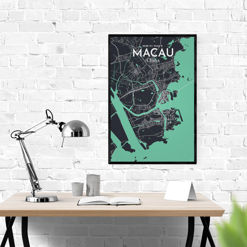 Macau, carte de la ville, impression, Vert/gris, H 36 po x l 24 po