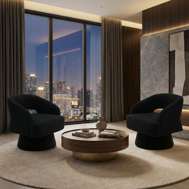 Modern 360° Swivel Barrel Accent Chair, Upholstered Armchair with Striped Backrest, Black Polyester