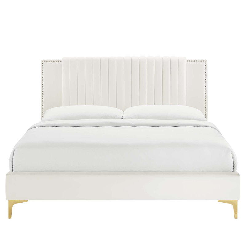 Modway Zahra Channel Tufted Performance Velvet Platform Bed, Queen, White