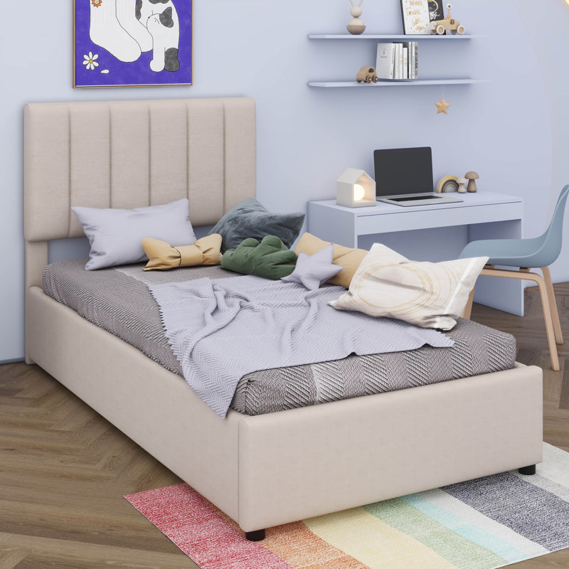 Twin Bed With Side Lift-Up Storage And Hydraulic Linen-Upholstered Frame, Beige