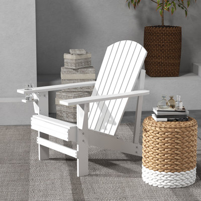 White Wooden Chair With Cup Holder, Ideal For Outdoor Leisure Areas In Patio, Lawn, Deck, Garden, Backyard, Fire Pit - Weather Great Activity Spaces Like