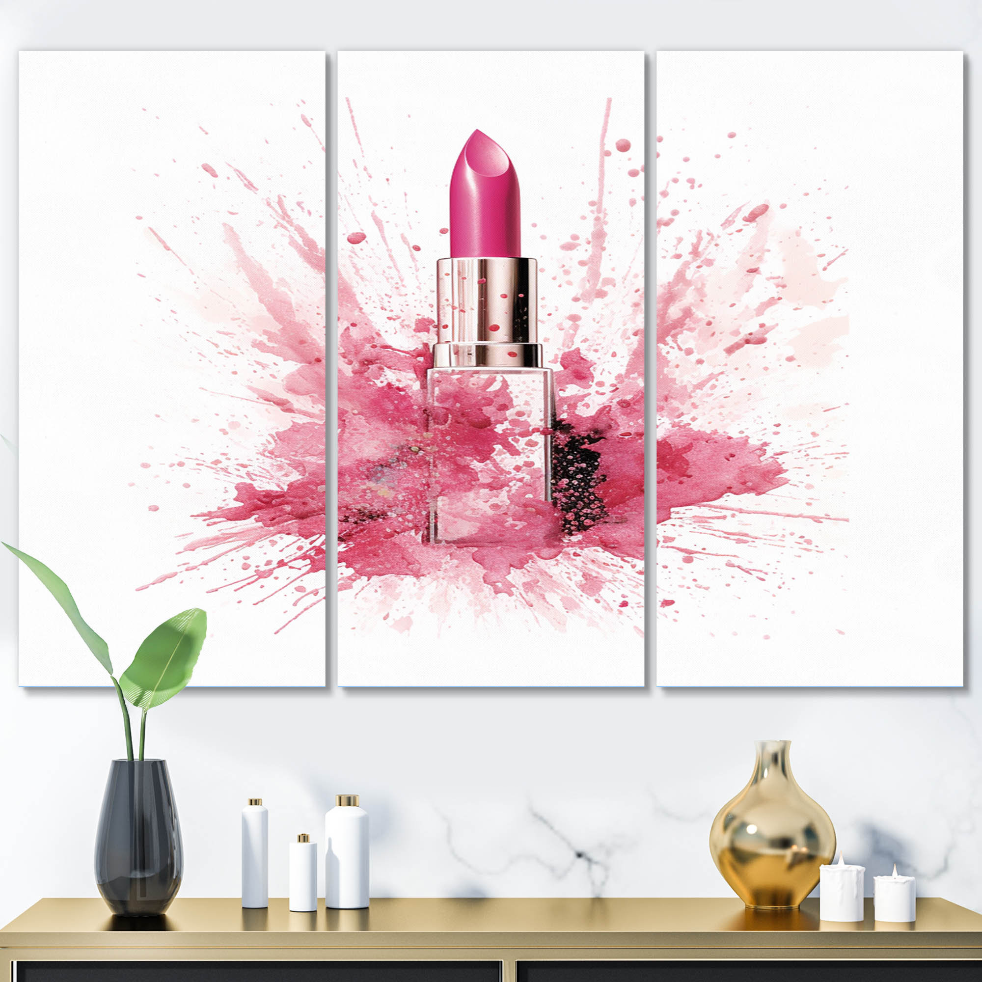 Beauty World Pink Glam Cosmetics II On Canvas 3 Pieces Print