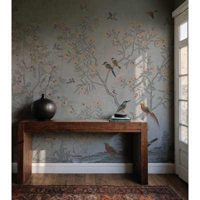 Papier peint à motif d'oiseaux chinois chinois et gris doux pour le salon