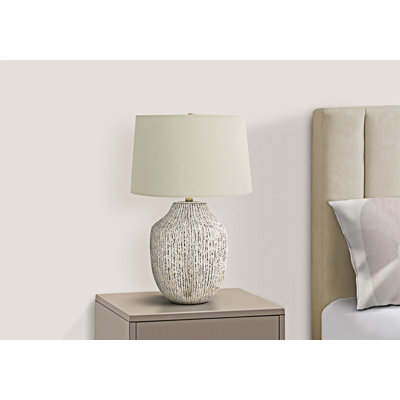 Lampe de table en céramique avec abat-jour en lin ivoire, interrupteur à 3 voies et fleuron doré élégant