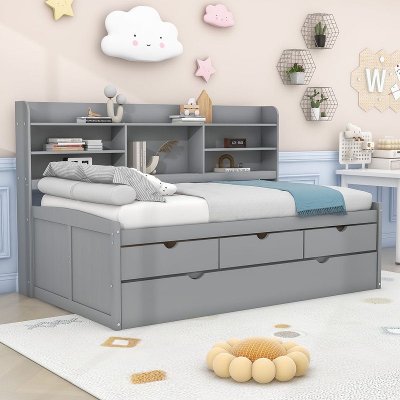 Lit de jour simple avec tablettes, 3 tiroirs et gigogne simple Deveral, Gris clair
