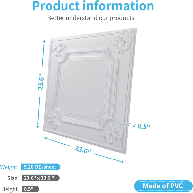Art3d Drop Ceiling Tiles 24x24 in White (12-Pack, 48 Sq.ft), Wainscoting Panels Glue Up 2x2