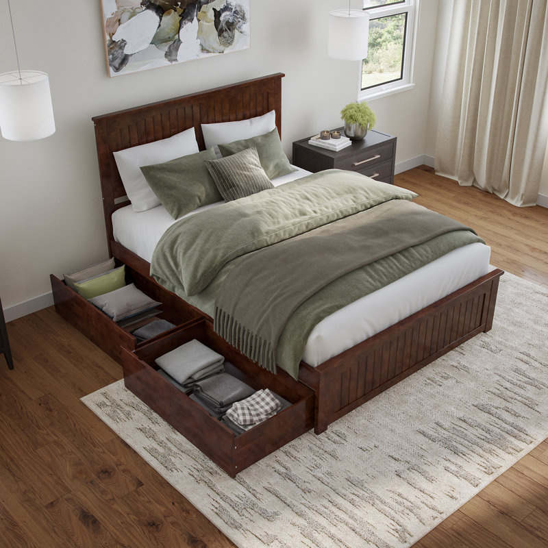 Kindig Solid Wood Coastal Cottage Platform Bed with Matching Footboard and Storage Drawers, Queen, Walnut