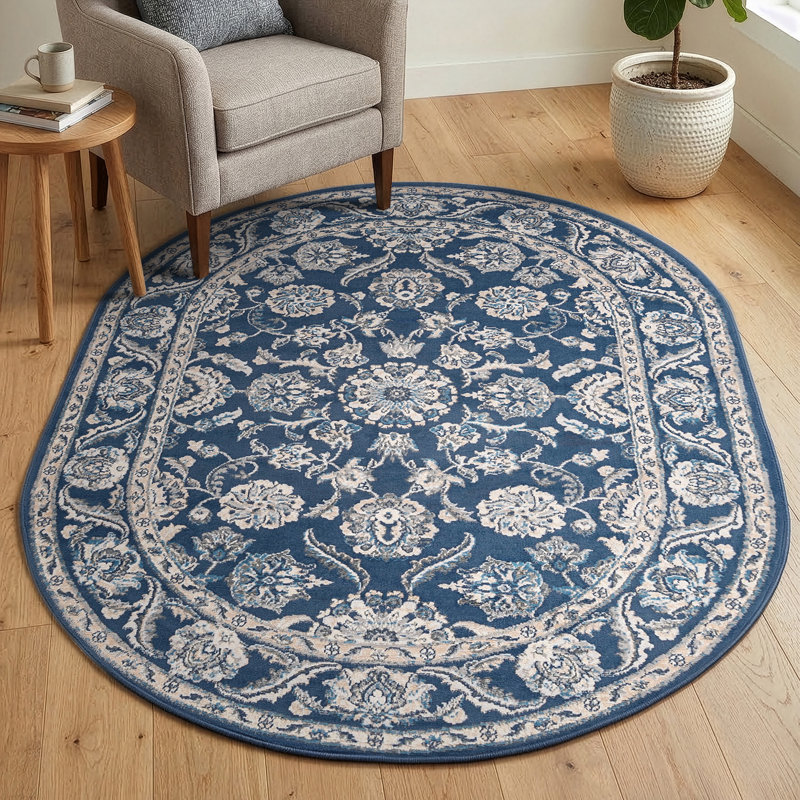 Tapis oriental bleu foncé Madison, Ovale 5 pi 3 po x 7 pi 3 po