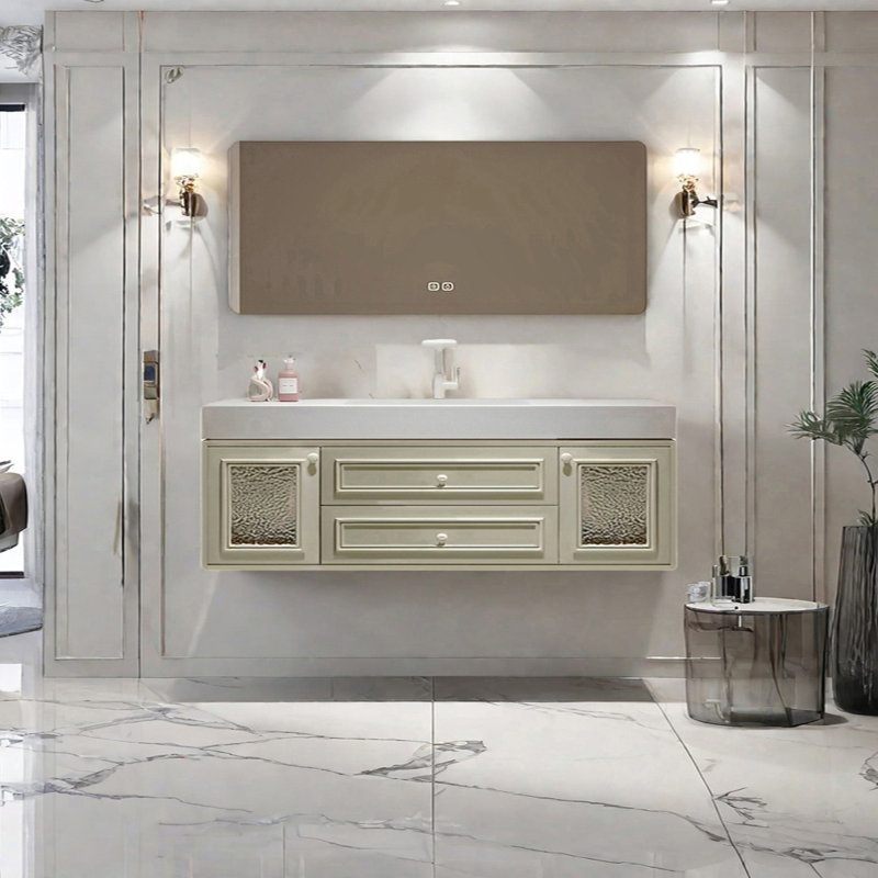 French cream style smart bathroom cabinet, Light Green, 19.68" H x 66.92" W x 21.65" D