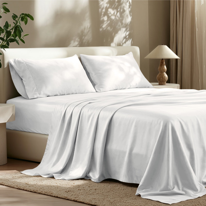 TENCEL Sateen Sheet Set, White, Split King Sheet Set with 2 King Pillowcases