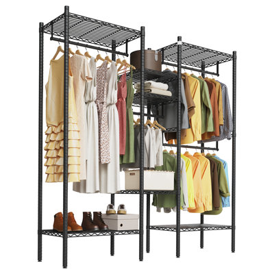 Heavy Duty Metal Clothes Rack Organizer – Freestanding Wardrobe Shelf – Adjustable Shelves – Large 1000LB Capacity – Space-Saving Black Storage Solution, 73.6 x 17.3 x 76.4 inches