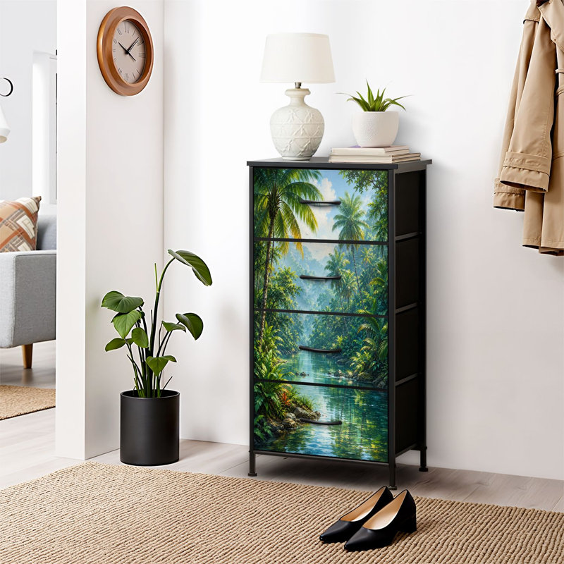 Commode 4 tiroirs pour chambre à coucher, commode étroite, plateau en bois et structure en fer 18 po x 37,5 po - (l x H)