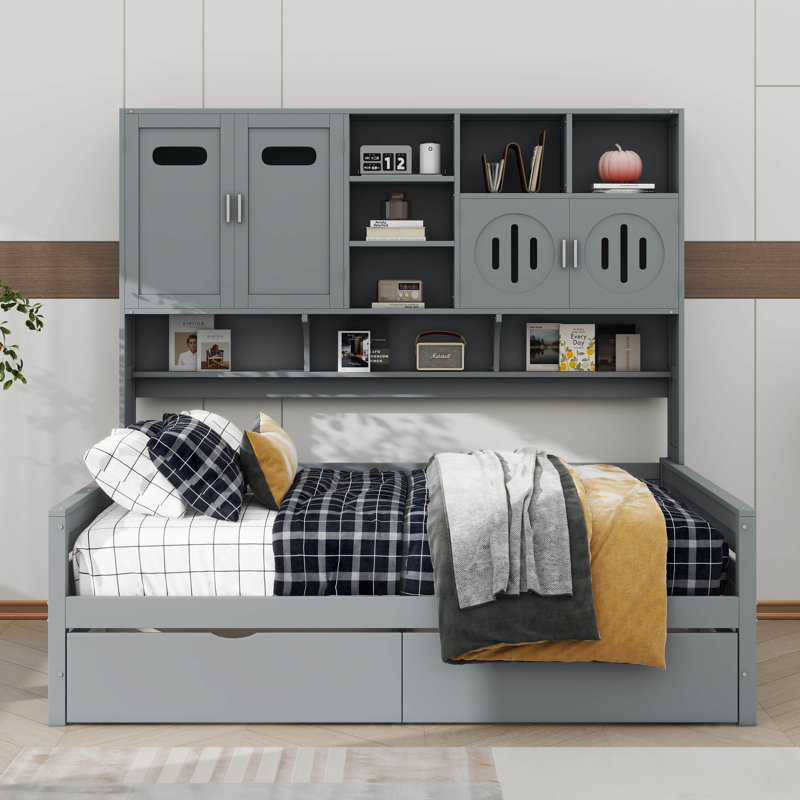 Lit de jour en bois avec tiroirs, armoire et tablette tout-en-un, Twin, Blanc