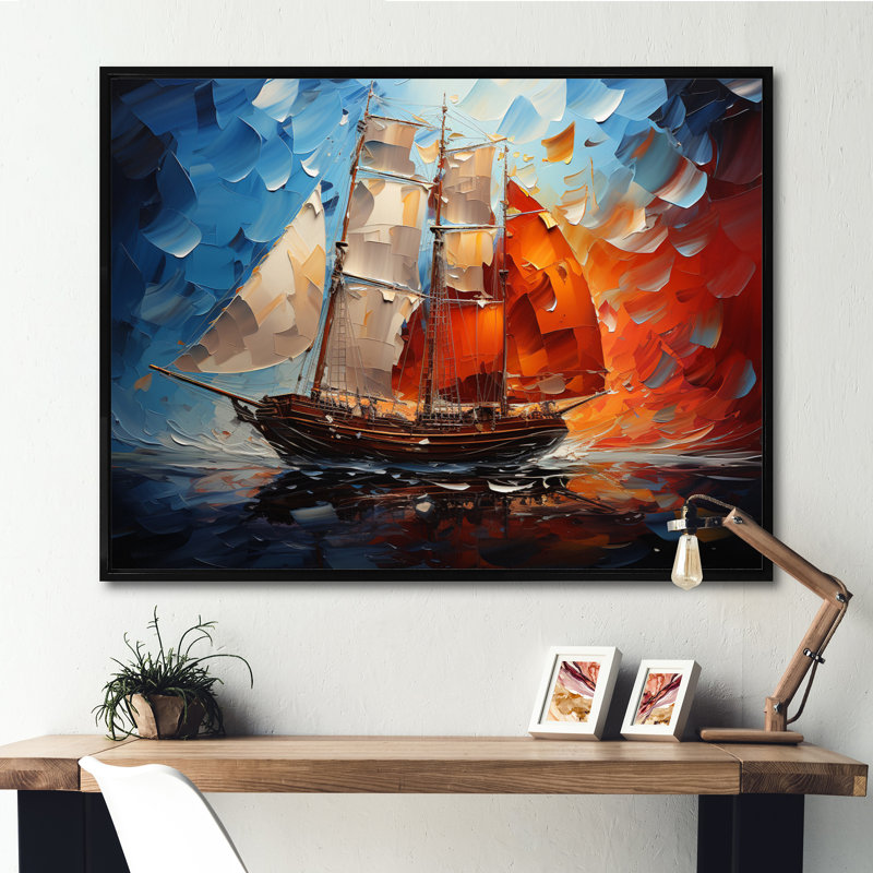 Bateau abstrait symphonie maritime I - impressions d'art mural bateau, Cadre flottant noir, H 34 po x l 44 po x P 1,5 po