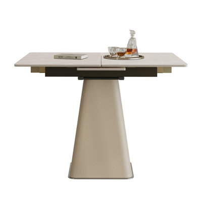 Table de salle à manger rétractable à dalle de roche pliante, table carrée extensible moderne avec base en acier inoxydable revêtue de cuir, table de cuisine à double usage pour les petits appartements